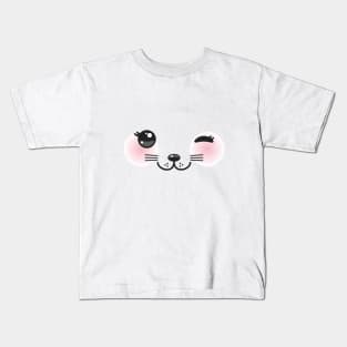 Kawaii funny cat muzzle with pink cheeks and winking eyes (2) Kids T-Shirt